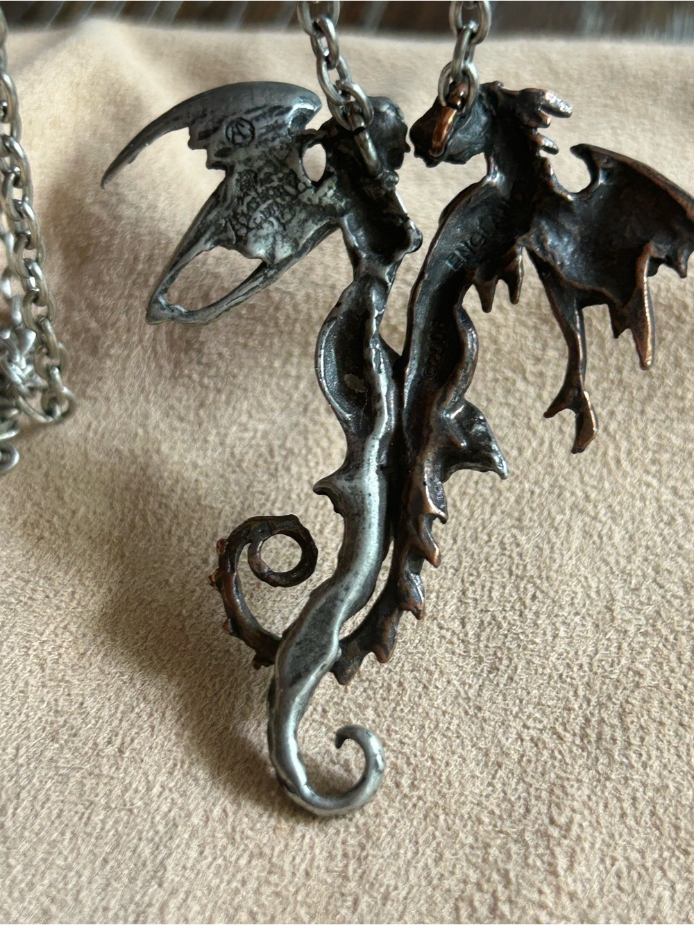 ANGEL & DRAGON DUAL PENDANT 2.5” and 10.5” Necklace Two-Tone Silver & Bronze - Picture 8 of 15